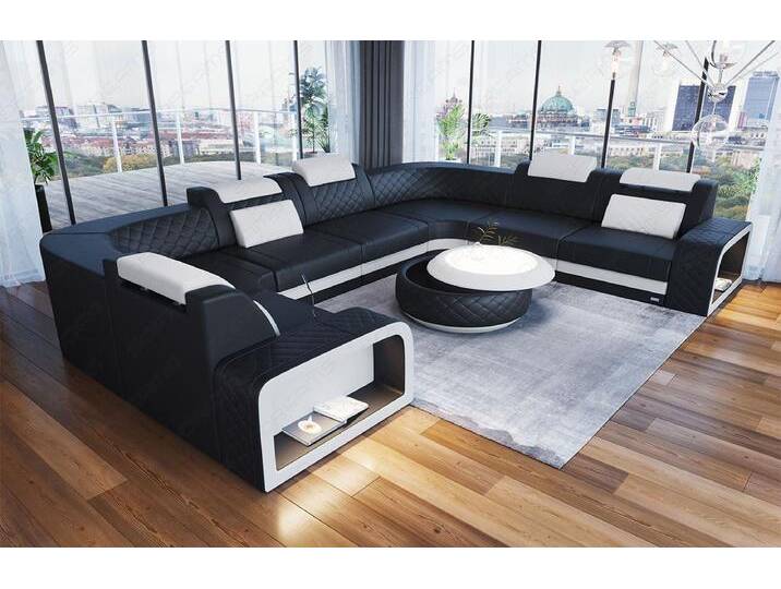 Sofa Dreams Wohnlandschaft Foggia U Form Leder, LED-Beleuchtung, Couch, 6-Sitzer, Kopfstützen, USB-Anschluss, schwarz, schwarz-weiß von sofa-dreams
