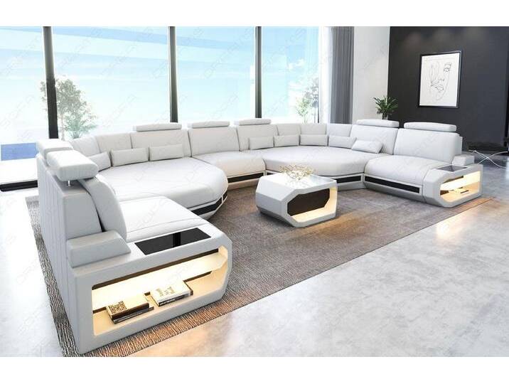 Sofa Dreams Wohnlandschaft Leder Couch Asti Sofa, Couch, XXL U Form Ledersofa mit LED, Designersofa, schwarz weiß, weiß-schwarz von sofa-dreams