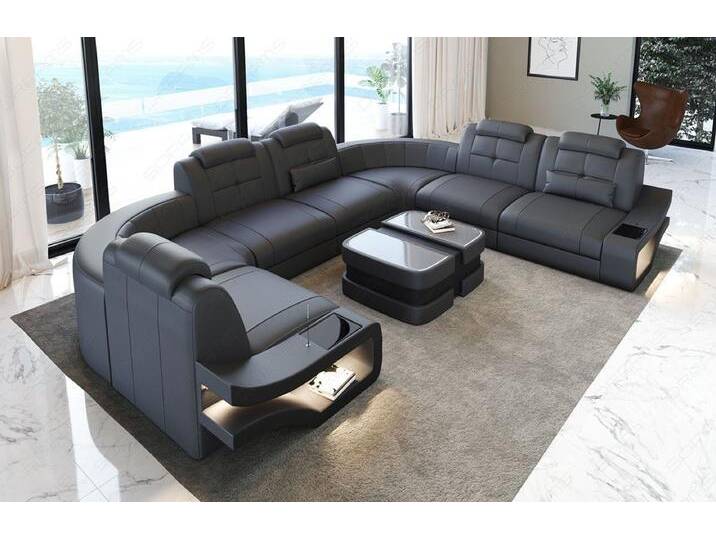 Sofa Dreams Wohnlandschaft Leder Couch Sofa Elena U Form Ledersofa, U-Form Ledersofa mit LED-Beleuchtung, grau schwarz, grau-schwarz von sofa-dreams