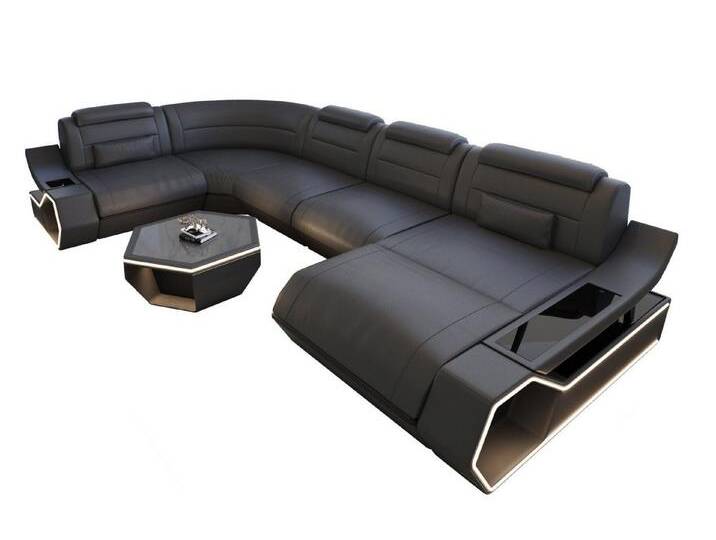 Sofa Dreams Wohnlandschaft Leder Couch Sofa Toscano U Form Ledersofa, LED Beleuchtung, grau schwarz, Mit Schlaffunktion, Grau-Schwarz von sofa-dreams
