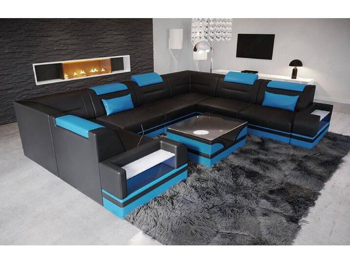 Sofa Dreams Wohnlandschaft Leder Designer Sofa Trivento U Form Ledersofa, blau schwarz, Mit Bettfunktion, schwarz-blau von sofa-dreams