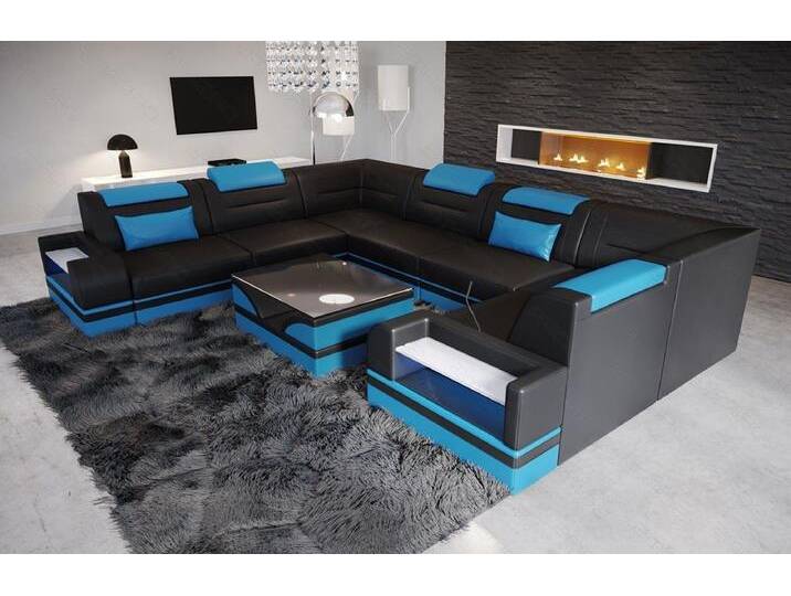 Sofa Dreams Wohnlandschaft Leder Designer Sofa Trivento U Form Ledersofa, blau schwarz, Mit Bettfunktion, schwarz-blau von sofa-dreams