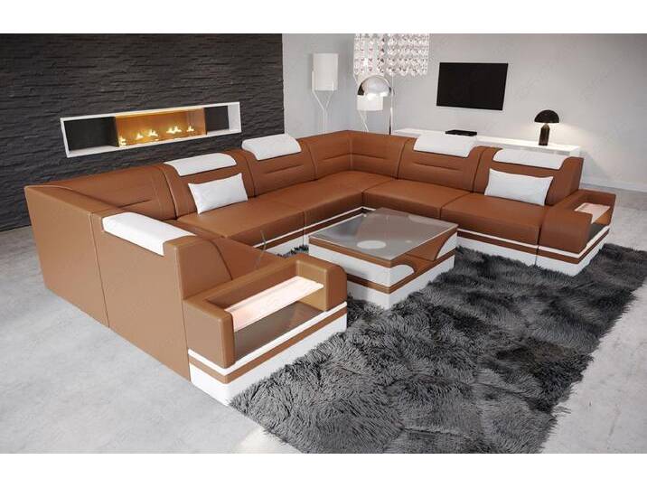 Sofa Dreams Wohnlandschaft Leder Designer Sofa Trivento U Form Ledersofa, braun, Mit Bettfunktion, hellbraun-weiß von sofa-dreams