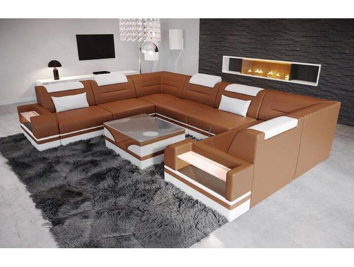 Sofa Dreams Wohnlandschaft Leder Designer Sofa Trivento U Form Ledersofa, braun, Mit Bettfunktion, hellbraun-weiß von sofa-dreams
