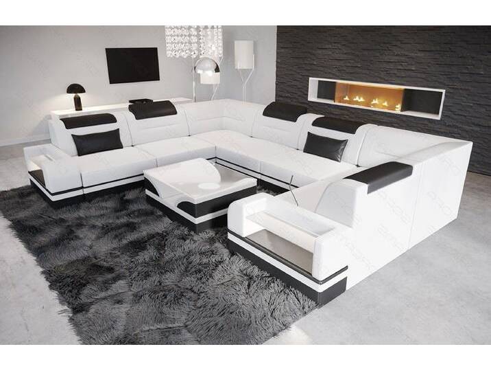 Sofa Dreams Wohnlandschaft Leder Designer Sofa Trivento U Form Ledersofa, schwarz weiß, Mit Bettfunktion, weiß-schwarz von sofa-dreams