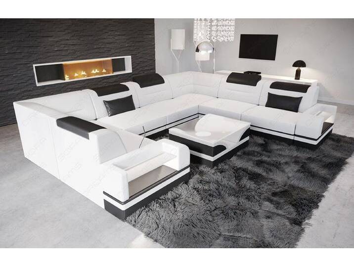 Sofa Dreams Wohnlandschaft Leder Designer Sofa Trivento U Form Ledersofa, schwarz weiß, Mit Bettfunktion, weiß-schwarz von sofa-dreams
