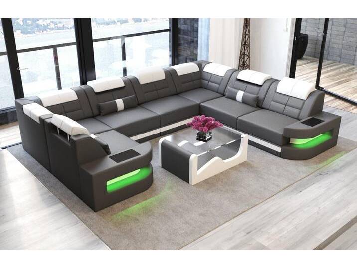 Sofa Dreams Wohnlandschaft Leder Ledercouch Sofa Como U Form Ledersofa, Couch, mit LED, Designersofa, grau, Mit Bettfunktion, grau-weiß von sofa-dreams