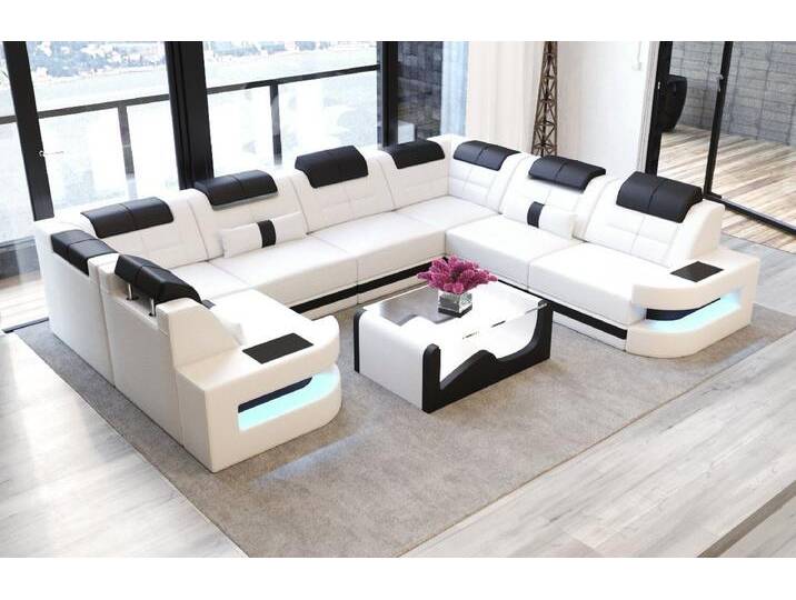 Sofa Dreams Wohnlandschaft Leder Ledercouch Sofa Como U Form Ledersofa, Couch, mit LED, Designersofa, schwarz weiß, Mit Bettfunktion, weiß-schwarz von sofa-dreams