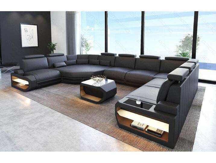 Sofa Dreams Wohnlandschaft Leder Sofa Asti U Form, Couch, U Form Ledersofa mit LED, Designersofa, grau schwarz, Links - vor dem Sofa stehend von sofa-dreams
