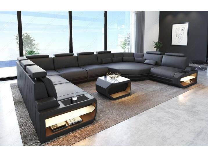 Sofa Dreams Wohnlandschaft Leder Sofa Asti U Form, Couch, U Form Ledersofa mit LED, Designersofa, grau schwarz, Rechts - vor dem Sofa stehend von sofa-dreams