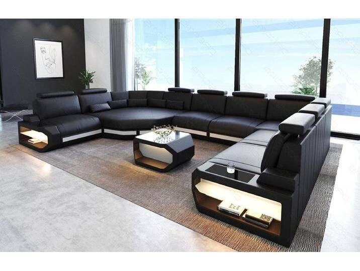 Sofa Dreams Wohnlandschaft Leder Sofa Asti U Form, Couch, U Form Ledersofa mit LED, Designersofa, schwarz, Links - vor dem Sofa stehend, schwarz-weiß von sofa-dreams