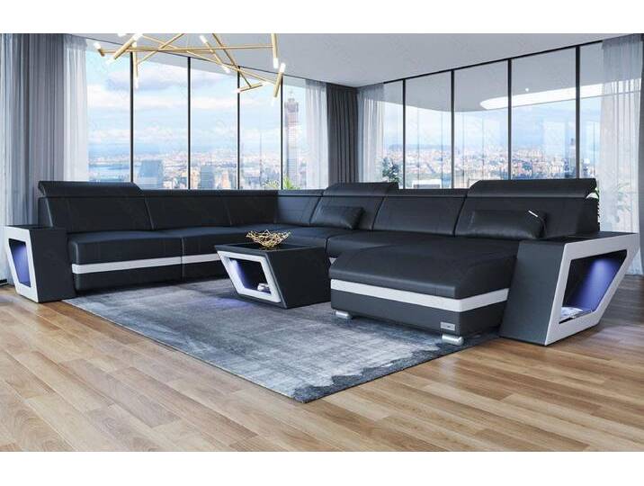Sofa Dreams Wohnlandschaft Leder Sofa Catania XXL Mini, LED-Beleuchtung, Design-Couch, 6-Sitzer, Ausrichtung Ottomane wählbar, schwarz, Schwarz-Weiss von sofa-dreams