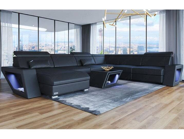 Sofa Dreams Wohnlandschaft Leder Sofa Catania XXL Mini, LED-Beleuchtung, Design-Couch, 6-Sitzer, Ausrichtung Ottomane wählbar, schwarz, Schwarz von sofa-dreams