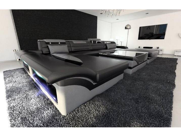 Sofa Dreams Wohnlandschaft Leder Sofa Couch Monza U Form Ledersofa, Couch, grau schwarz, Mit Bettfunktion-RGB-LED-Beleuchtung, schwarz-grau von sofa-dreams