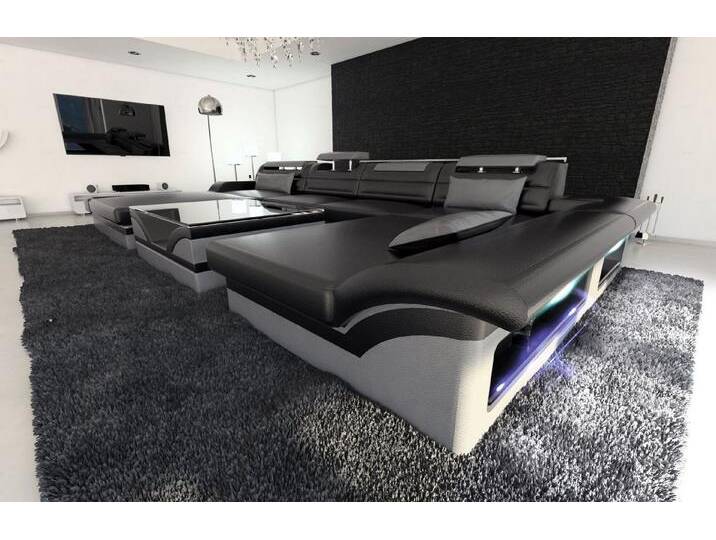 Sofa Dreams Wohnlandschaft Leder Sofa Couch Monza U Form Ledersofa, Couch, grau schwarz, Ohne Bettfunktion-RGB-LED-Beleuchtung, schwarz-grau von sofa-dreams
