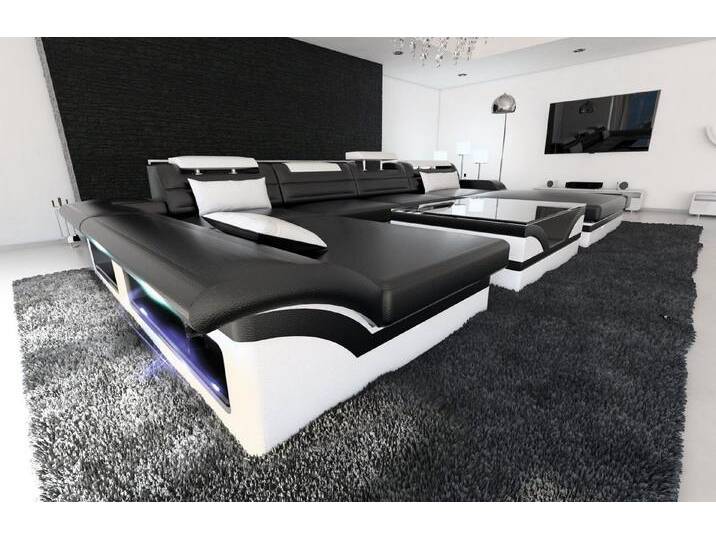Sofa Dreams Wohnlandschaft Leder Sofa Couch Monza U Form Ledersofa, Couch, schwarz, Mit Bettfunktion-RGB-LED-Beleuchtung, schwarz-weiß von sofa-dreams