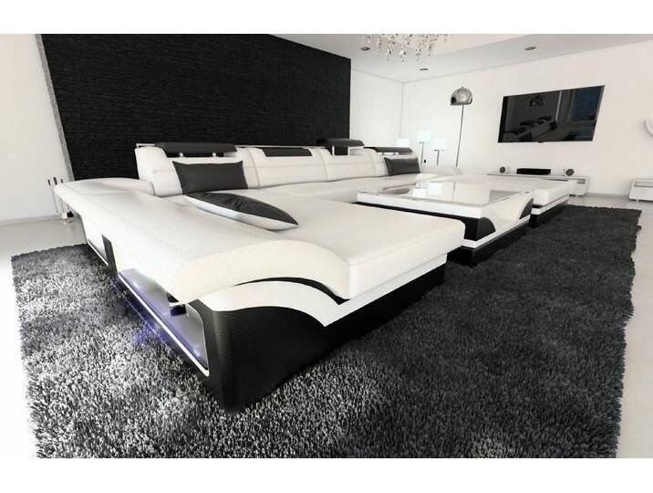 Sofa Dreams Wohnlandschaft Leder Sofa Couch Monza U Form Ledersofa, Couch, schwarz weiß, Mit Bettfunktion-RGB-LED-Beleuchtung, weiß-schwarz von sofa-dreams