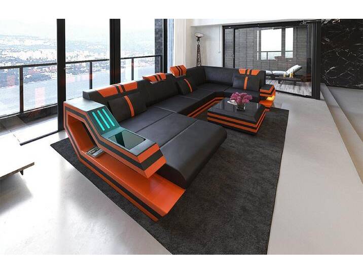 Sofa Dreams Wohnlandschaft Leder Sofa Ledercouch Ravenna U Form Ledersofa, Couch, mit LED, orange schwarz, Ohne Bettfunktion-RGB-LED-Beleuchtung von sofa-dreams