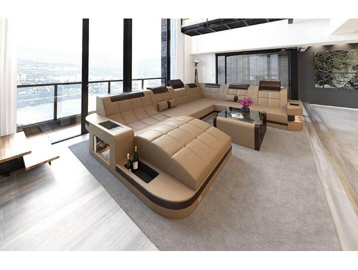 Sofa Dreams Wohnlandschaft Leder Sofa Ledercouch Wave XXL Ledersofa, Couch, mit ergonomischen Ottomane und LED Beleuchtung, beige braun goldfarben von sofa-dreams