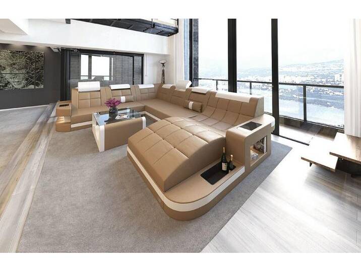 Sofa Dreams Wohnlandschaft Leder Sofa Ledercouch Wave XXL Ledersofa, Couch, mit ergonomischen Ottomane und LED Beleuchtung, beige goldfarben von sofa-dreams
