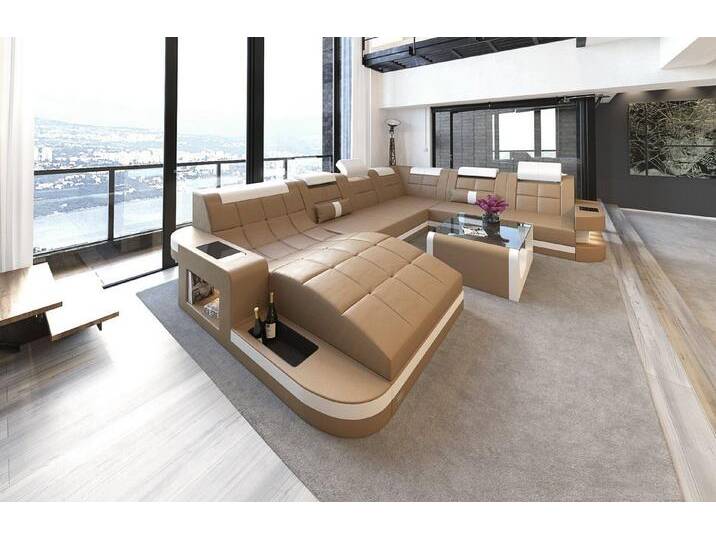 Sofa Dreams Wohnlandschaft Leder Sofa Ledercouch Wave XXL Ledersofa, Couch, mit ergonomischen Ottomane und LED Beleuchtung, beige goldfarben von sofa-dreams