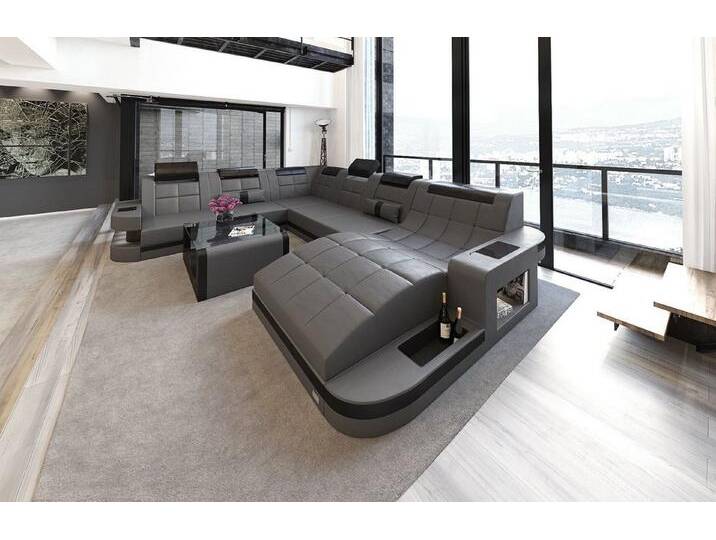 Sofa Dreams Wohnlandschaft Leder Sofa Ledercouch Wave XXL Ledersofa, Couch, mit ergonomischen Ottomane und LED Beleuchtung, grau schwarz von sofa-dreams