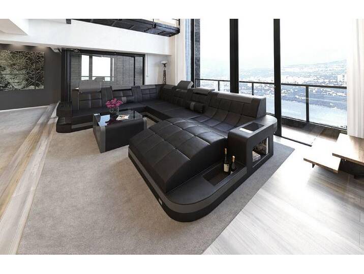 Sofa Dreams Wohnlandschaft Leder Sofa Ledercouch Wave XXL Ledersofa, Couch, mit ergonomischen Ottomane und LED Beleuchtung, grau schwarz von sofa-dreams