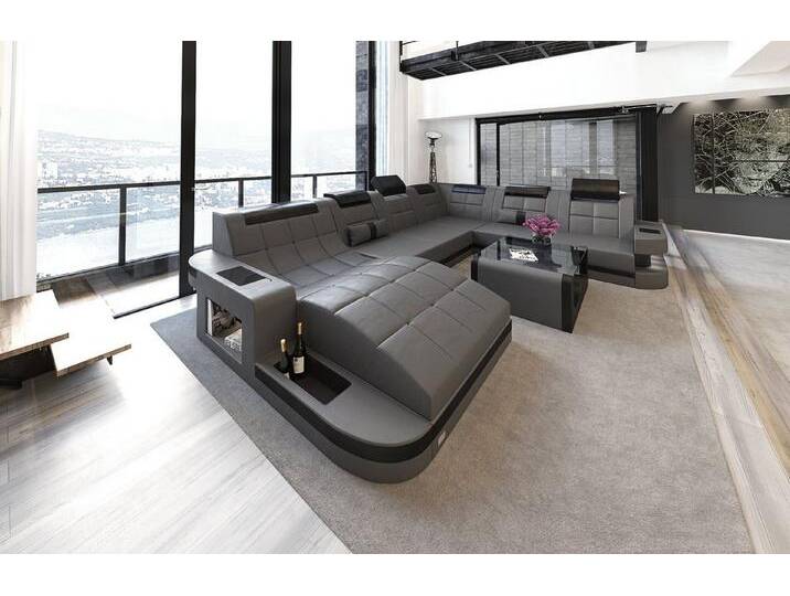 Sofa Dreams Wohnlandschaft Leder Sofa Ledercouch Wave XXL Ledersofa, Couch, mit ergonomischen Ottomane und LED Beleuchtung, grau schwarz von sofa-dreams