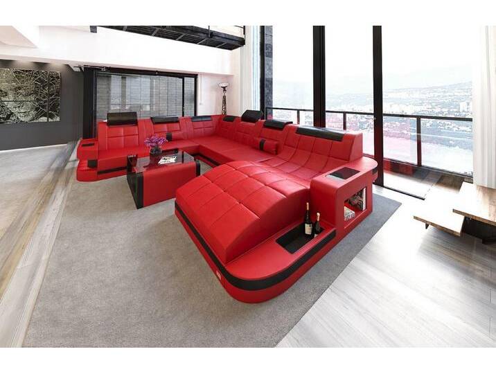 Sofa Dreams Wohnlandschaft Leder Sofa Ledercouch Wave XXL Ledersofa, Couch, mit ergonomischen Ottomane und LED Beleuchtung, rot schwarz von sofa-dreams
