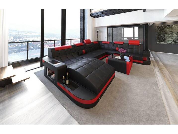 Sofa Dreams Wohnlandschaft Leder Sofa Ledercouch Wave XXL Ledersofa, Couch, mit ergonomischen Ottomane und LED Beleuchtung, rot schwarz von sofa-dreams
