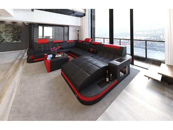 Sofa Dreams Wohnlandschaft Leder Sofa Ledercouch Wave XXL Ledersofa, Couch, mit ergonomischen Ottomane und LED Beleuchtung, rot schwarz von sofa-dreams