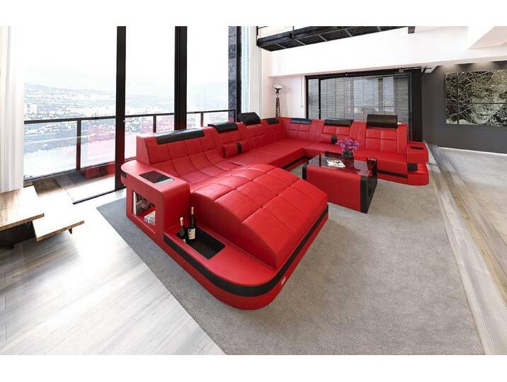 Sofa Dreams Wohnlandschaft Leder Sofa Ledercouch Wave XXL Ledersofa, Couch, mit ergonomischen Ottomane und LED Beleuchtung, rot schwarz von sofa-dreams