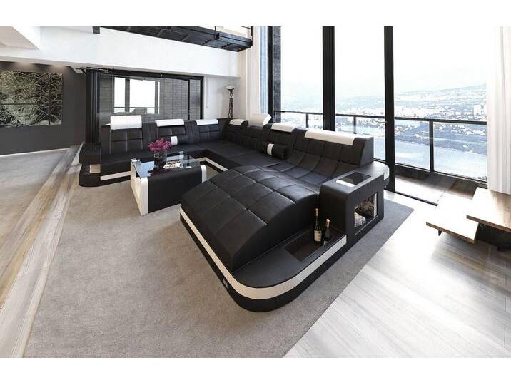 Sofa Dreams Wohnlandschaft Leder Sofa Ledercouch Wave XXL Ledersofa, Couch, mit ergonomischen Ottomane und LED Beleuchtung, schwarz von sofa-dreams
