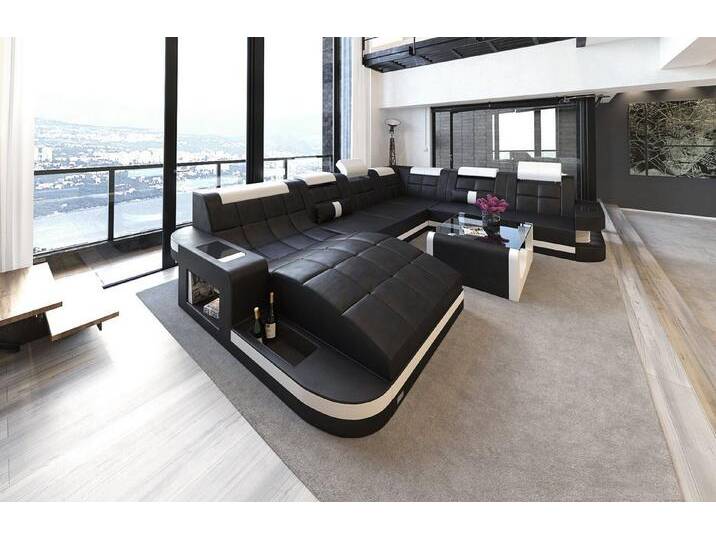 Sofa Dreams Wohnlandschaft Leder Sofa Ledercouch Wave XXL Ledersofa, Couch, mit ergonomischen Ottomane und LED Beleuchtung, schwarz von sofa-dreams