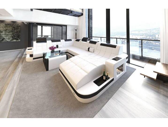 Sofa Dreams Wohnlandschaft Leder Sofa Ledercouch Wave XXL Ledersofa, Couch, mit ergonomischen Ottomane und LED Beleuchtung, schwarz weiß von sofa-dreams