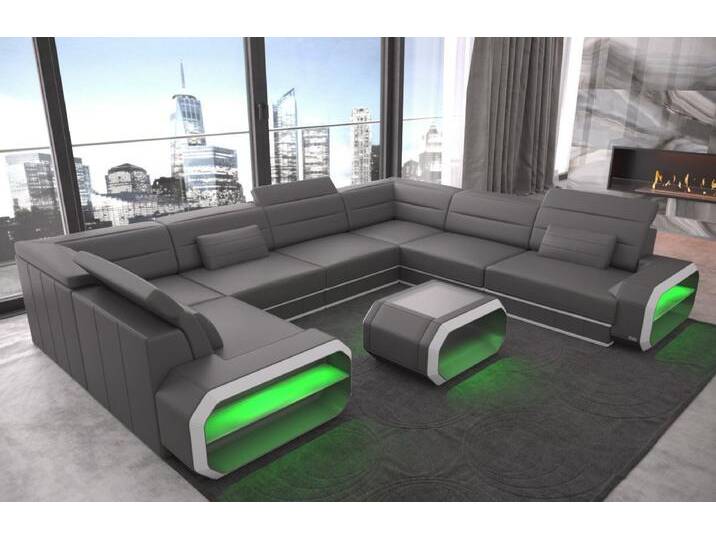 Sofa Dreams Wohnlandschaft Leder Sofa Verona U Form Ledercouch Ledersofa, Couch, mit LED, Designersofa, grau, Ohne Bettfunktion-RGB-LED-Beleuchtung von sofa-dreams