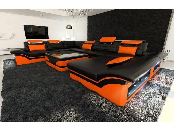 Sofa Dreams Wohnlandschaft Ledercouch Leder Sofa Enzo XXL U Form Ledersofa, Couch, mit LED, Designersofa, orange schwarz von sofa-dreams