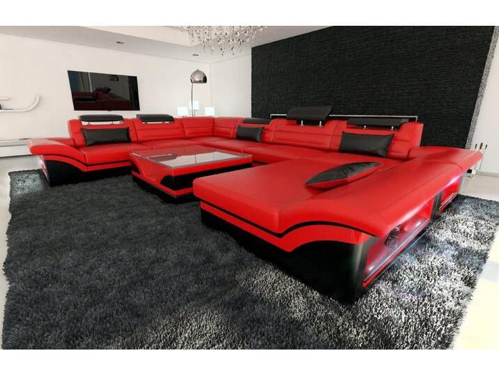 Sofa Dreams Wohnlandschaft Ledercouch Leder Sofa Enzo XXL U Form Ledersofa, Couch, mit LED, Designersofa, rot schwarz von sofa-dreams