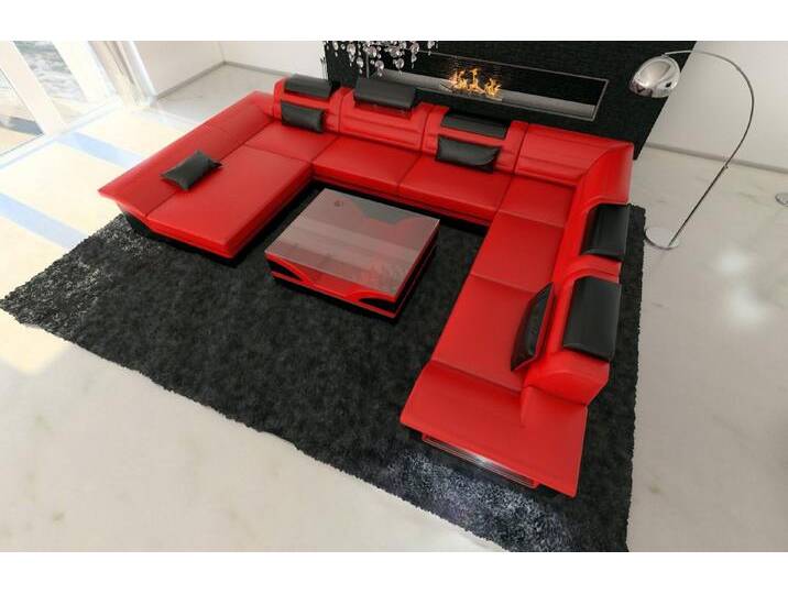 Sofa Dreams Wohnlandschaft Ledercouch Leder Sofa Enzo XXL U Form Ledersofa, Couch, mit LED, Designersofa, rot schwarz von sofa-dreams