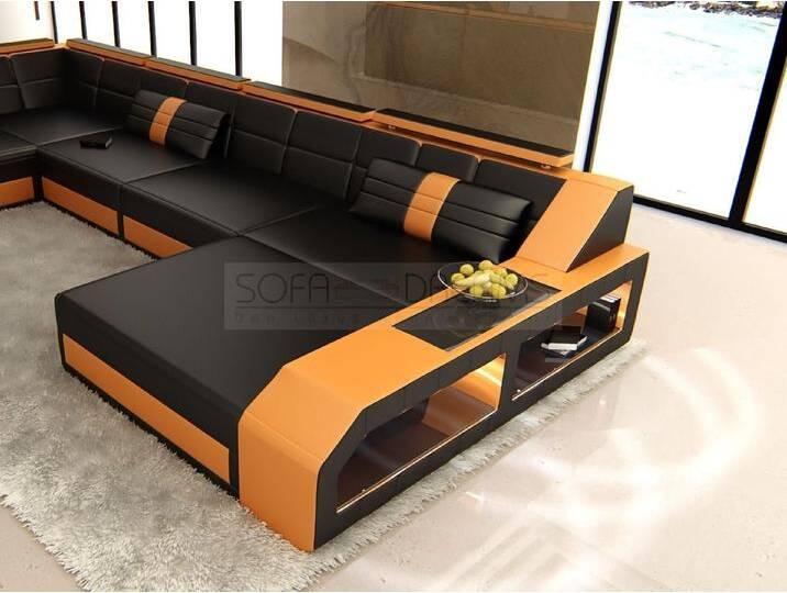 Sofa Dreams Wohnlandschaft Ledercouch Leder Sofa Matera XXL U Form Ledersofa mit LED, Designersofa, orange schwarz von sofa-dreams