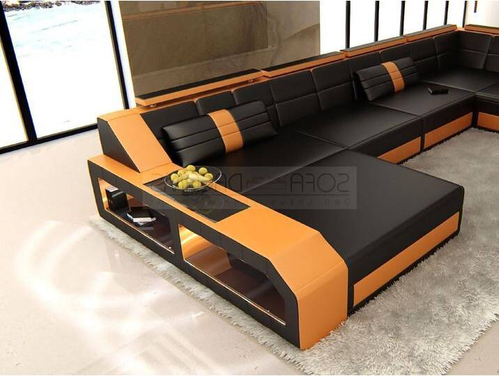 Sofa Dreams Wohnlandschaft Ledercouch Leder Sofa Matera XXL U Form Ledersofa mit LED, Designersofa, orange schwarz von sofa-dreams