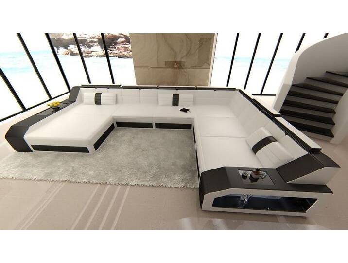 Sofa Dreams Wohnlandschaft Ledercouch Leder Sofa Matera XXL U Form Ledersofa mit LED, Designersofa, schwarz weiß, Mit Bettfunktion-RGB-LED-Beleuchtung von sofa-dreams