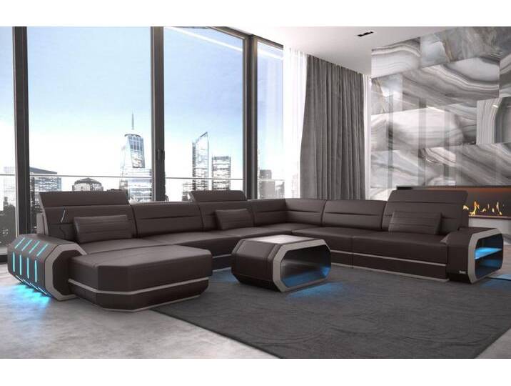 Sofa Dreams Wohnlandschaft Ledercouch Leder Sofa Roma XXL U Form Ledersofa, Couch, mit LED, Designersofa, beige braun von sofa-dreams
