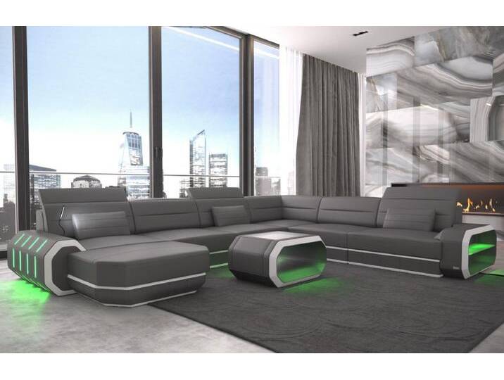 Sofa Dreams Wohnlandschaft Ledercouch Leder Sofa Roma XXL U Form Ledersofa, Couch, mit LED, Designersofa, grau, Mit Bettfunktion-RGB-LED-Beleuchtung von sofa-dreams