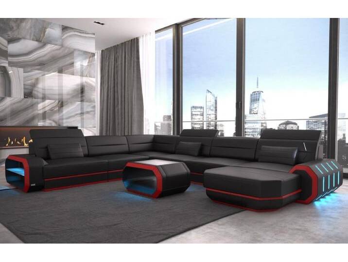 Sofa Dreams Wohnlandschaft Ledercouch Leder Sofa Roma XXL U Form Ledersofa, Couch, mit LED, Designersofa, rot schwarz von sofa-dreams