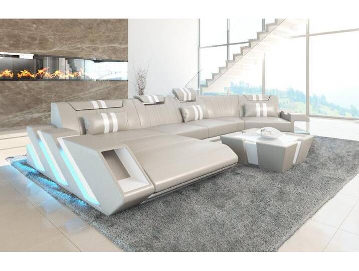 Sofa Dreams Wohnlandschaft Ledercouch Sofa Leder Apollonia C Form Ledersofa, Couch, mit LED, Designersofa, beige gelb von sofa-dreams