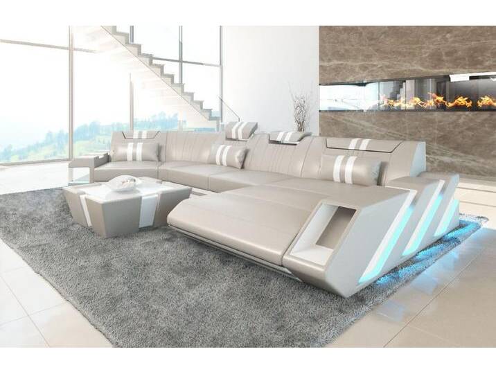 Sofa Dreams Wohnlandschaft Ledercouch Sofa Leder Apollonia C Form Ledersofa, Couch, mit LED, Designersofa, beige gelb von sofa-dreams