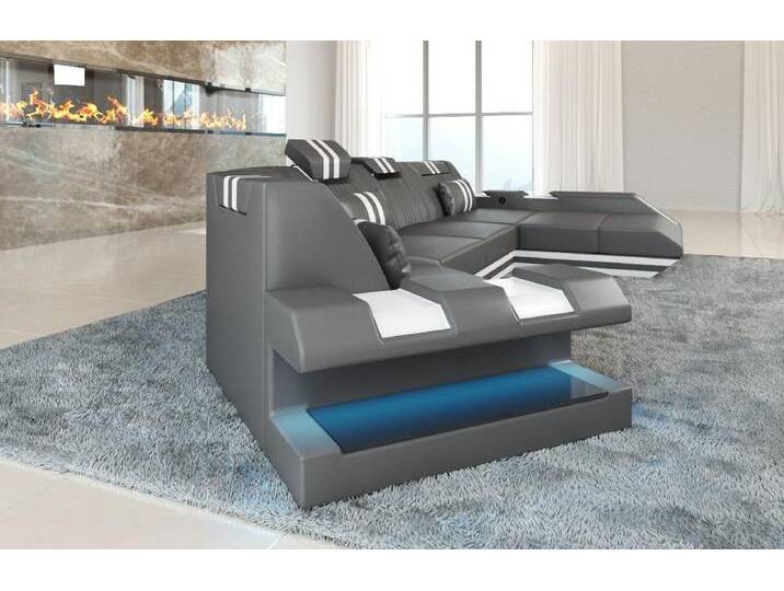Sofa Dreams Wohnlandschaft Ledercouch Sofa Leder Apollonia C Form Ledersofa, Couch, mit LED, Designersofa, grau, Mit Bettfunktion-RGB-LED-Beleuchtung von sofa-dreams