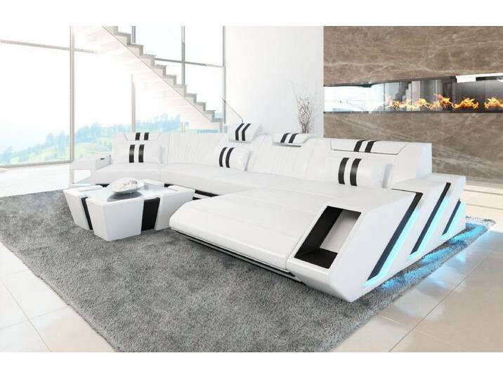 Sofa Dreams Wohnlandschaft Ledercouch Sofa Leder Apollonia C Form Ledersofa, Couch, mit LED, Designersofa, schwarz weiß von sofa-dreams