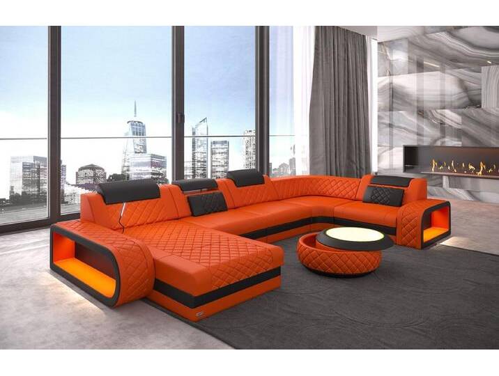 Sofa Dreams Wohnlandschaft Ledercouch Sofa Leder Berlin U Form Ledersofa, Couch, mit LED, Designersofa, orange schwarz von sofa-dreams